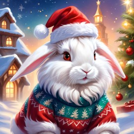 english angora rabbit in a christmas sweater and santa hat, ethereal and magical.