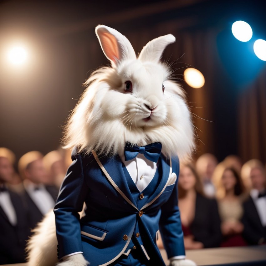 english angora rabbit in a classy suit on a fashion stage, showcasing elegance and charm in a highly detailed, epic scene.