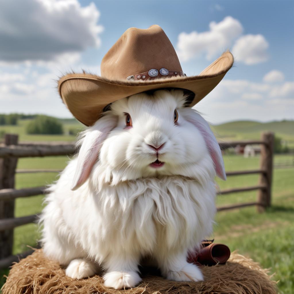 english angora rabbit as a cowboy wearing a hat, in the midwest countryside, on a farm.