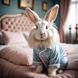 english angora rabbit in cute pyjamas, relaxing in a beautiful posh bedroom, highlighting happiness and coziness.