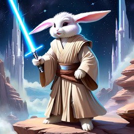 english angora rabbit as a jedi knight, with a lightsaber and star wars backdrop in a celestial, painterly style.