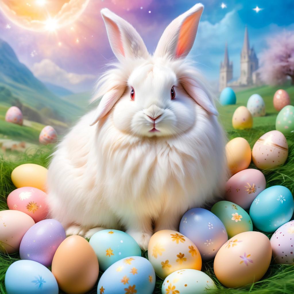 english angora rabbit in a magical easter setting with colorful eggs, ethereal and dreamy details.