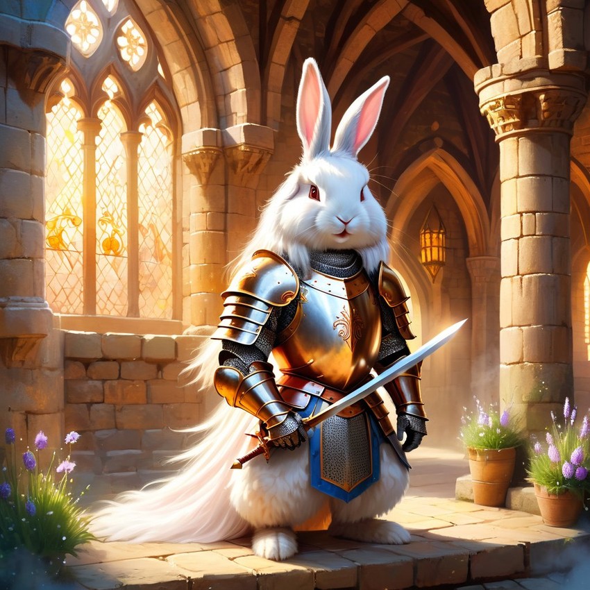 english angora rabbit as a medieval knight in a majestic castle, ethereal and painterly style.