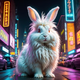 english angora rabbit in a vibrant neon city with chinapunk style, featuring captivating lighting and a modern, exotic look.