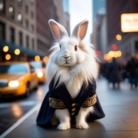 english angora rabbit in new york, dressed in classy clothing, against an iconic nyc backdrop with a cinematic, high-detail style.