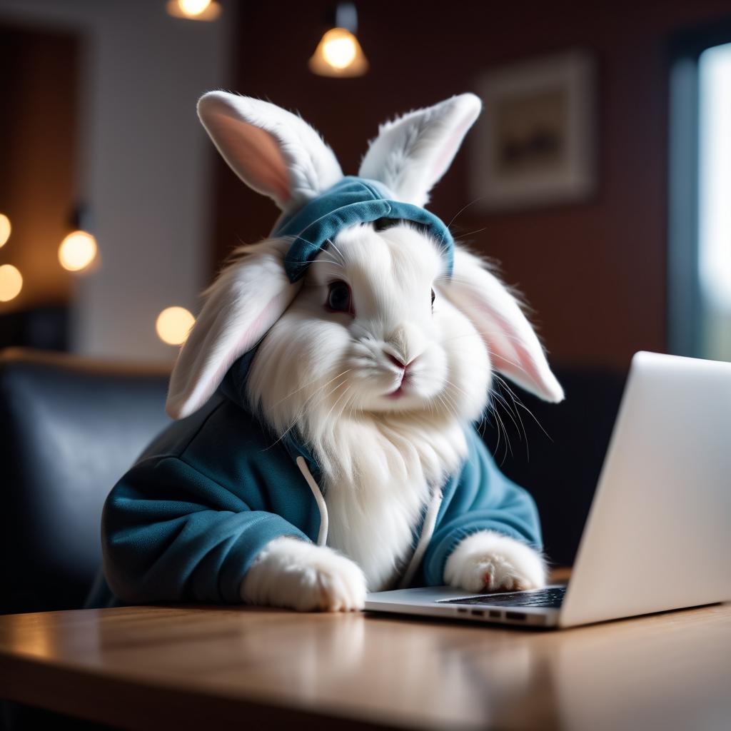 english angora rabbit as a programmer, working on a laptop in a hoodie, capturing a cute and happy moment.