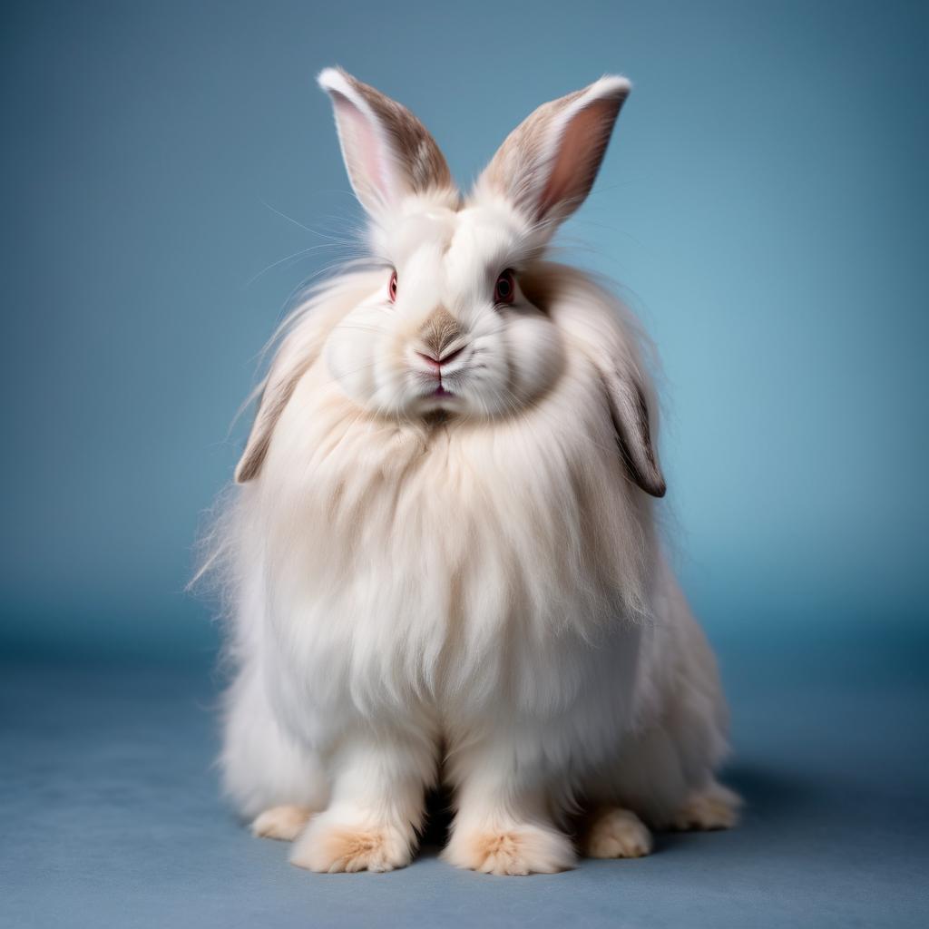 english angora rabbit in a stylish suit, posing against a diffused background, looking cute and professional.