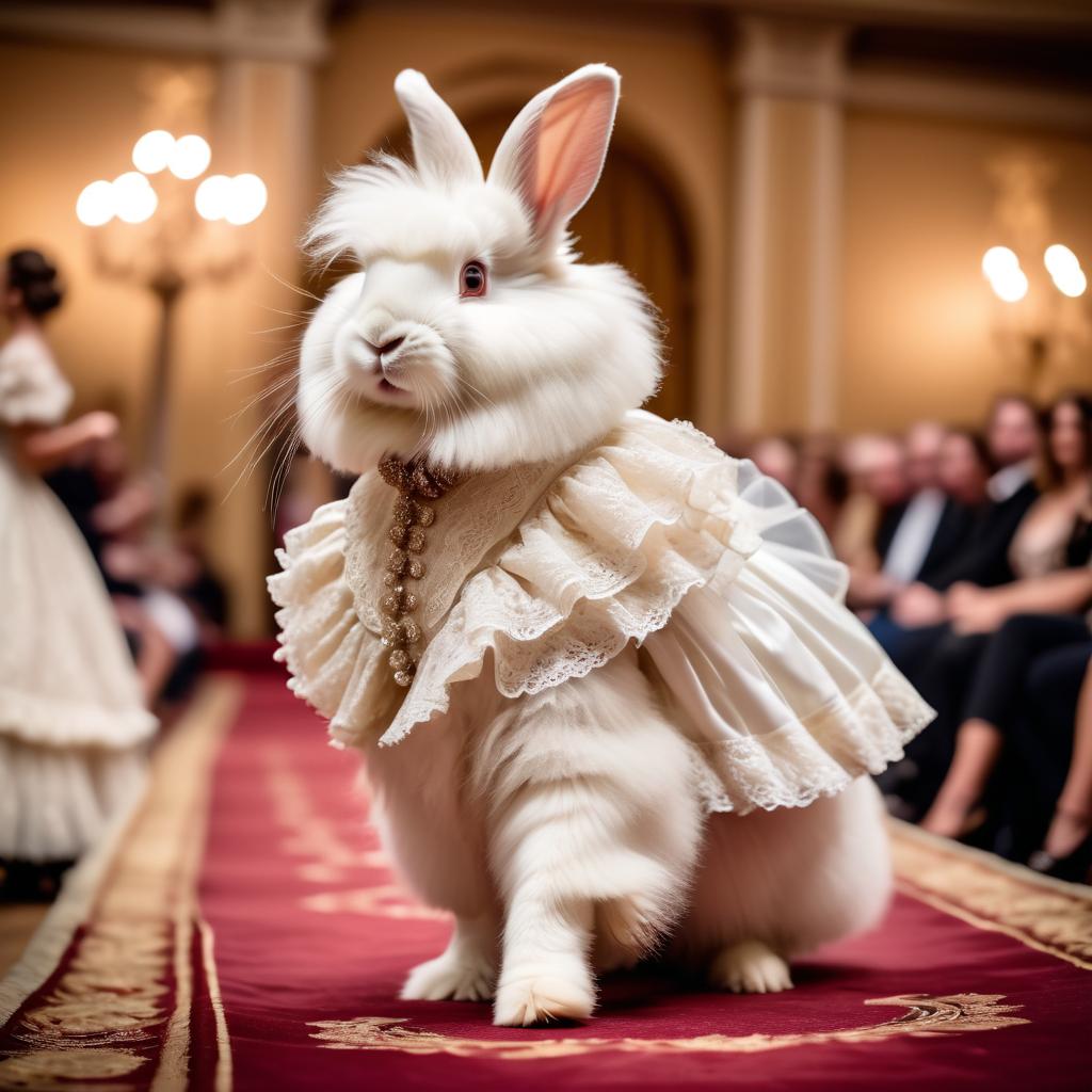 english angora rabbit strutting down the fashion show catwalk stage in a vintage victorian outfit with lace and ruffles, high energy and majestic.