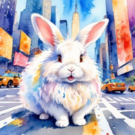 english angora rabbit in new york, rendered in a vibrant watercolor illustration, with a highly detailed and happy depiction.