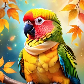 conure bird in a yellow scarf, ethereal and magical style.