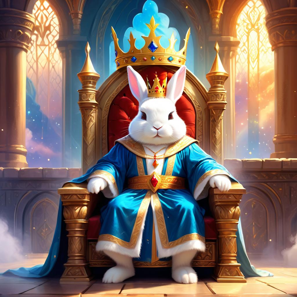 ethereal fantasy art of netherland dwarf rabbit as a king in a magical castle, wearing a crown and robe with a majestic, painterly style.