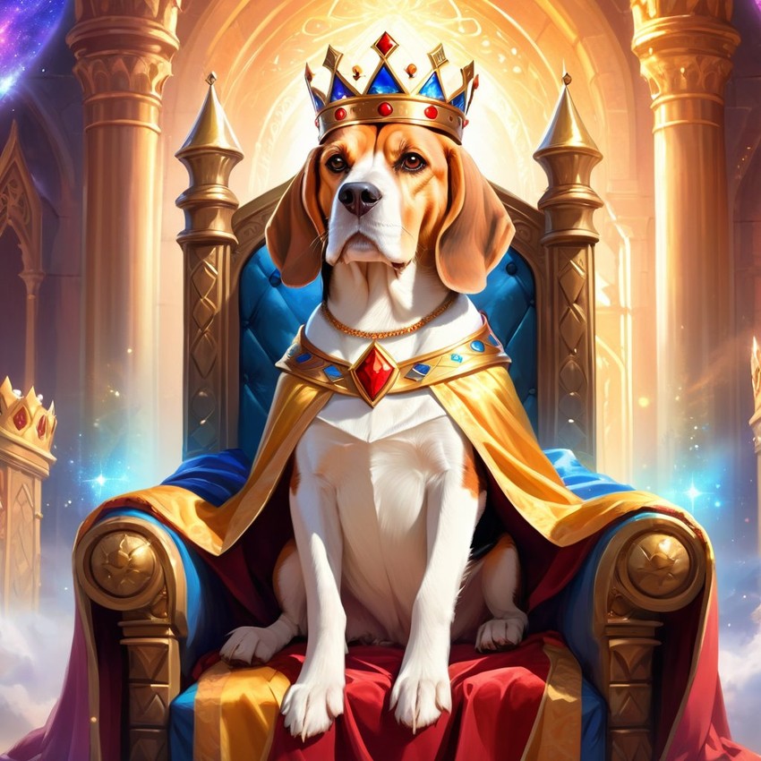 ethereal fantasy art of beagle as a king in a magical castle, wearing a crown and robe with a majestic, painterly style.