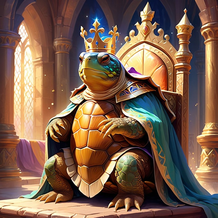 ethereal fantasy art of box turtle turtle/tortoise as a king in a magical castle, wearing a crown and robe with a majestic, painterly style.