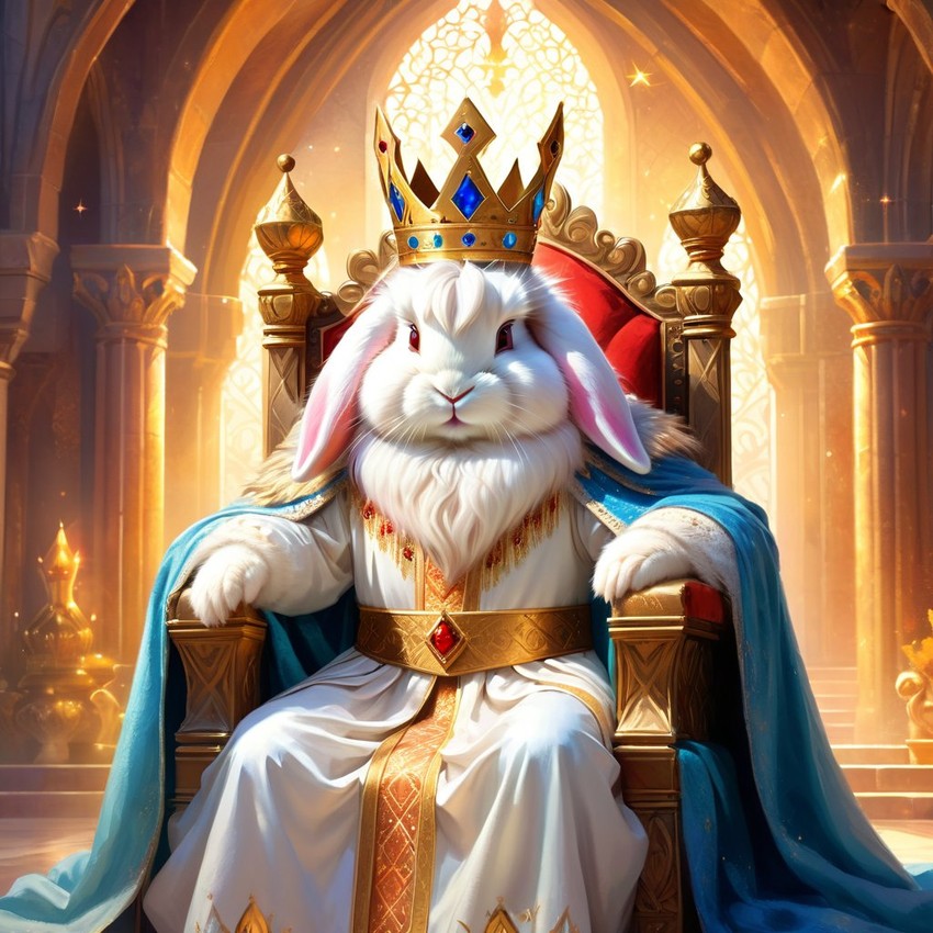 ethereal fantasy art of english angora rabbit as a king in a magical castle, wearing a crown and robe with a majestic, painterly style.