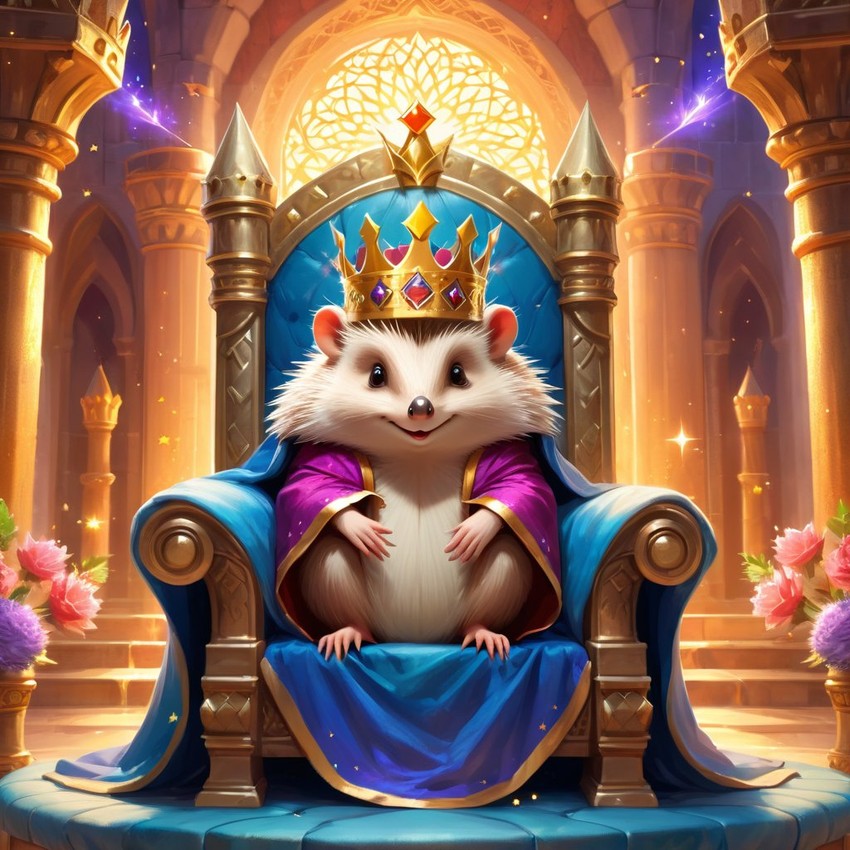 ethereal fantasy art of european hedgehog as a king in a magical castle, wearing a crown and robe with a majestic, painterly style.