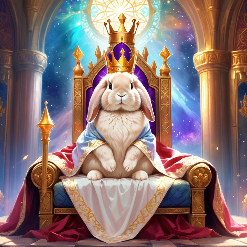 ethereal fantasy art of holland lop rabbit as a king in a magical castle, wearing a crown and robe with a majestic, painterly style.