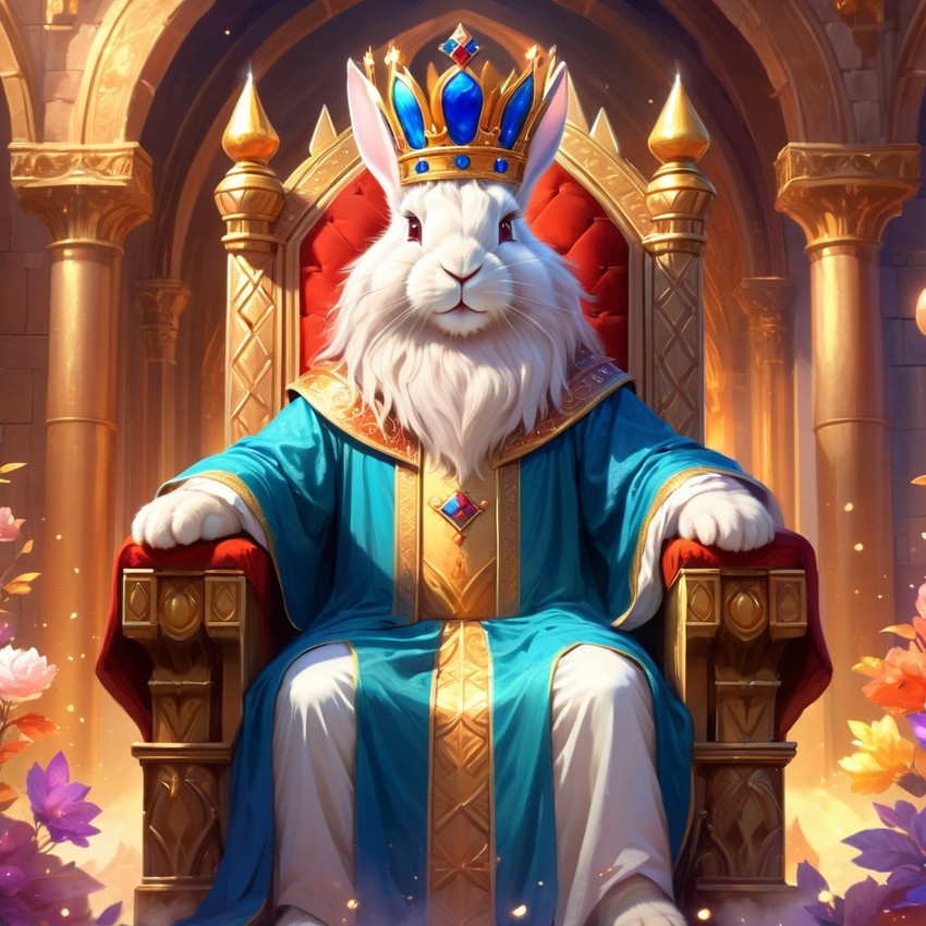 ethereal fantasy art of lionhead rabbit as a king in a magical castle, wearing a crown and robe with a majestic, painterly style.