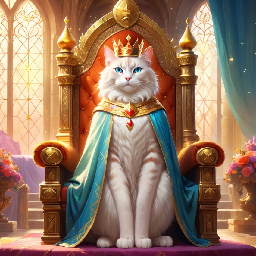 ethereal fantasy art of manx cat as a king in a magical castle, wearing a crown and robe with a majestic, painterly style.