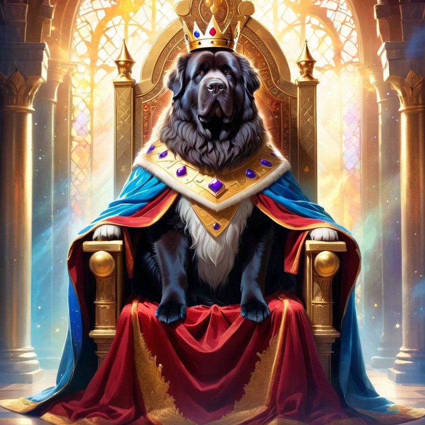 ethereal fantasy art of newfoundland as a king in a magical castle, wearing a crown and robe with a majestic, painterly style.