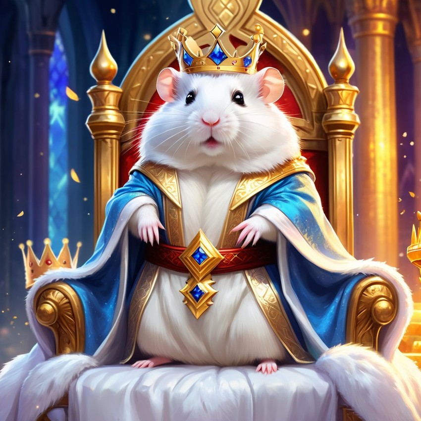 ethereal fantasy art of winter white russian dwarf hamster as a king in a magical castle, wearing a crown and robe with a majestic, painterly style.