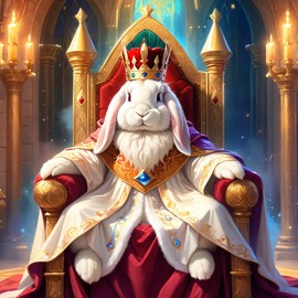 ethereal fantasy art of american fuzzy lop rabbit as a king in a magical castle, wearing a crown and robe with a majestic, painterly style.