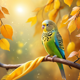 parakeet (budgerigar) bird in a yellow scarf, ethereal and magical style.