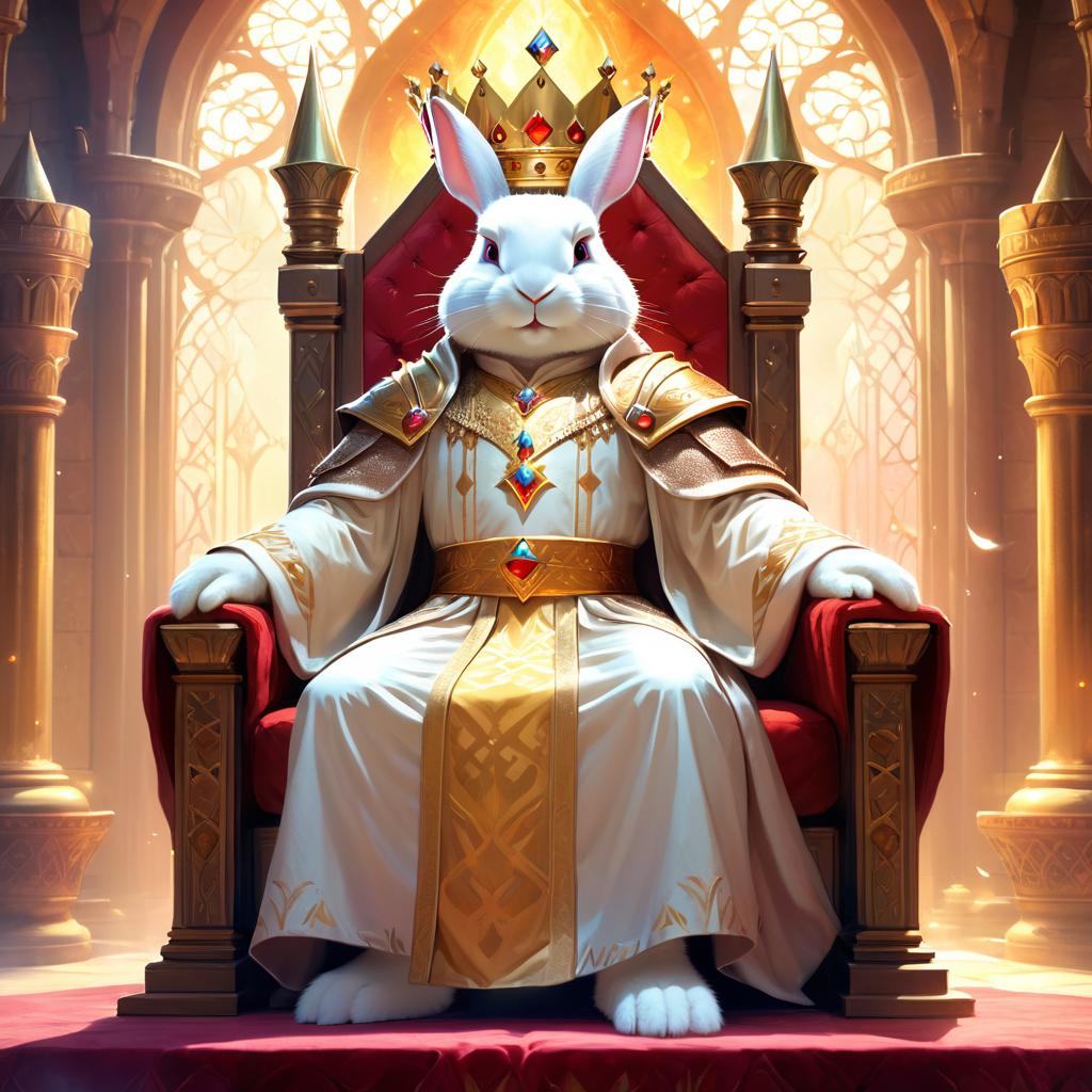 ethereal fantasy art of rex rabbit as a king in a magical castle, wearing a crown and robe with a majestic, painterly style.