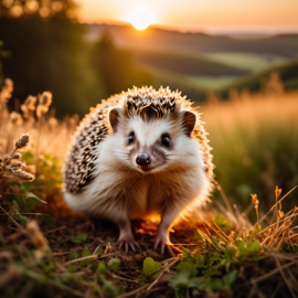 european hedgehog in golden hour light, highlighting their beauty in nature with a moody and detailed atmosphere.