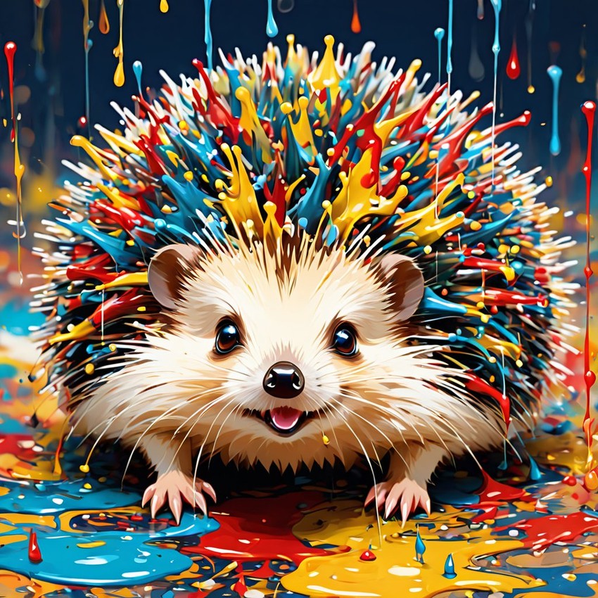 european hedgehog in pollock's drip technique, capturing dynamic and colorful modern art.