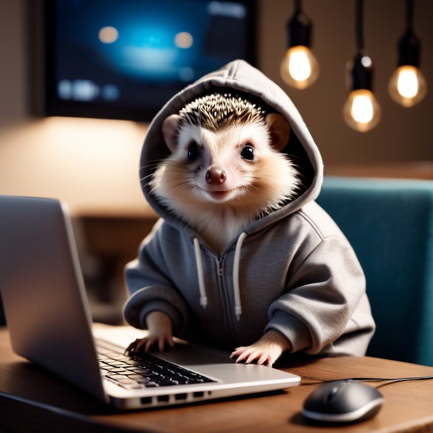 european hedgehog as a programmer, working on a laptop in a hoodie, capturing a cute and happy moment.