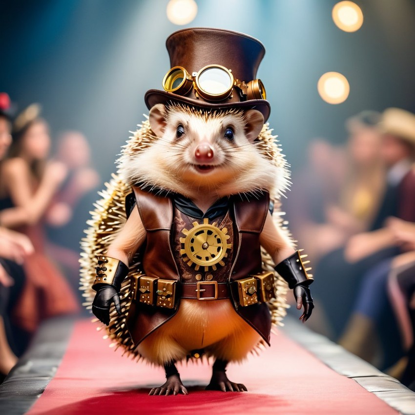 european hedgehog strutting down the fashion show catwalk stage in an elaborate steampunk outfit featuring leather harnesses, brass gears, and a top hat, high energy and dramatic.