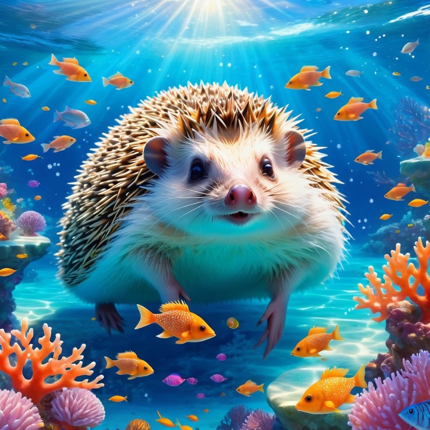 european hedgehog swimming in a magical blue ocean with colorful fish and coral reef, capturing a dreamy and adventurous underwater scene.