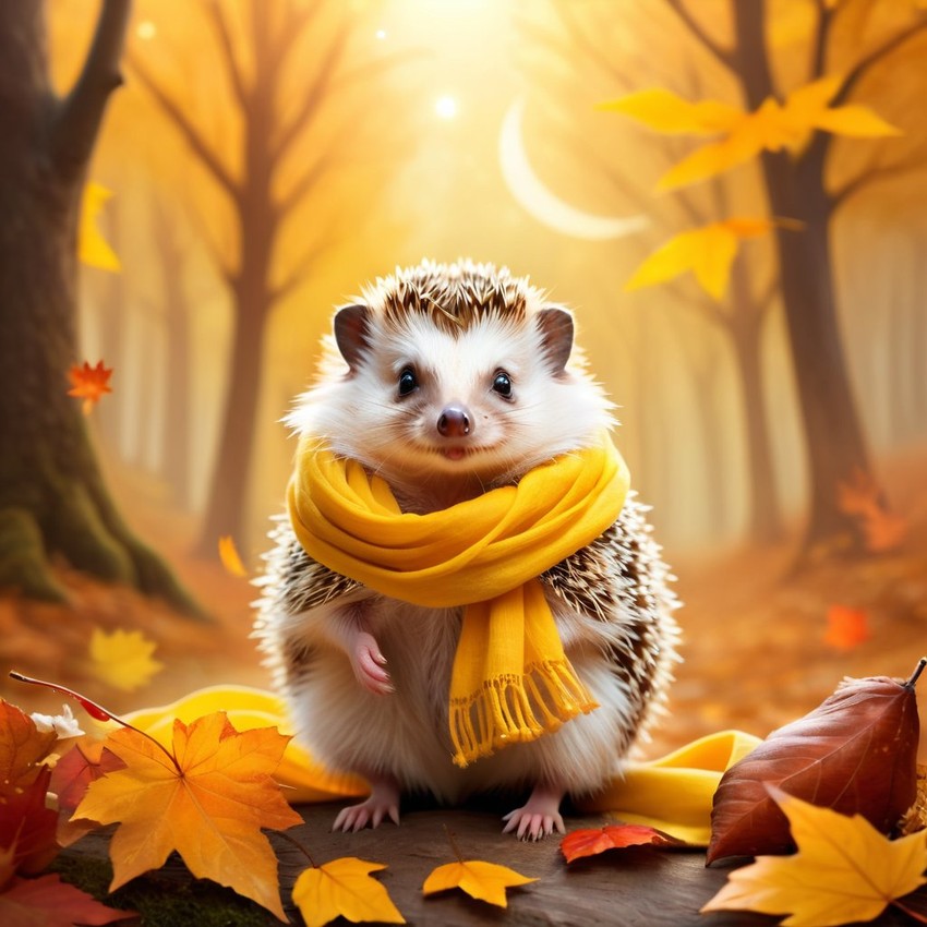 european hedgehog in a yellow scarf, ethereal and magical style.