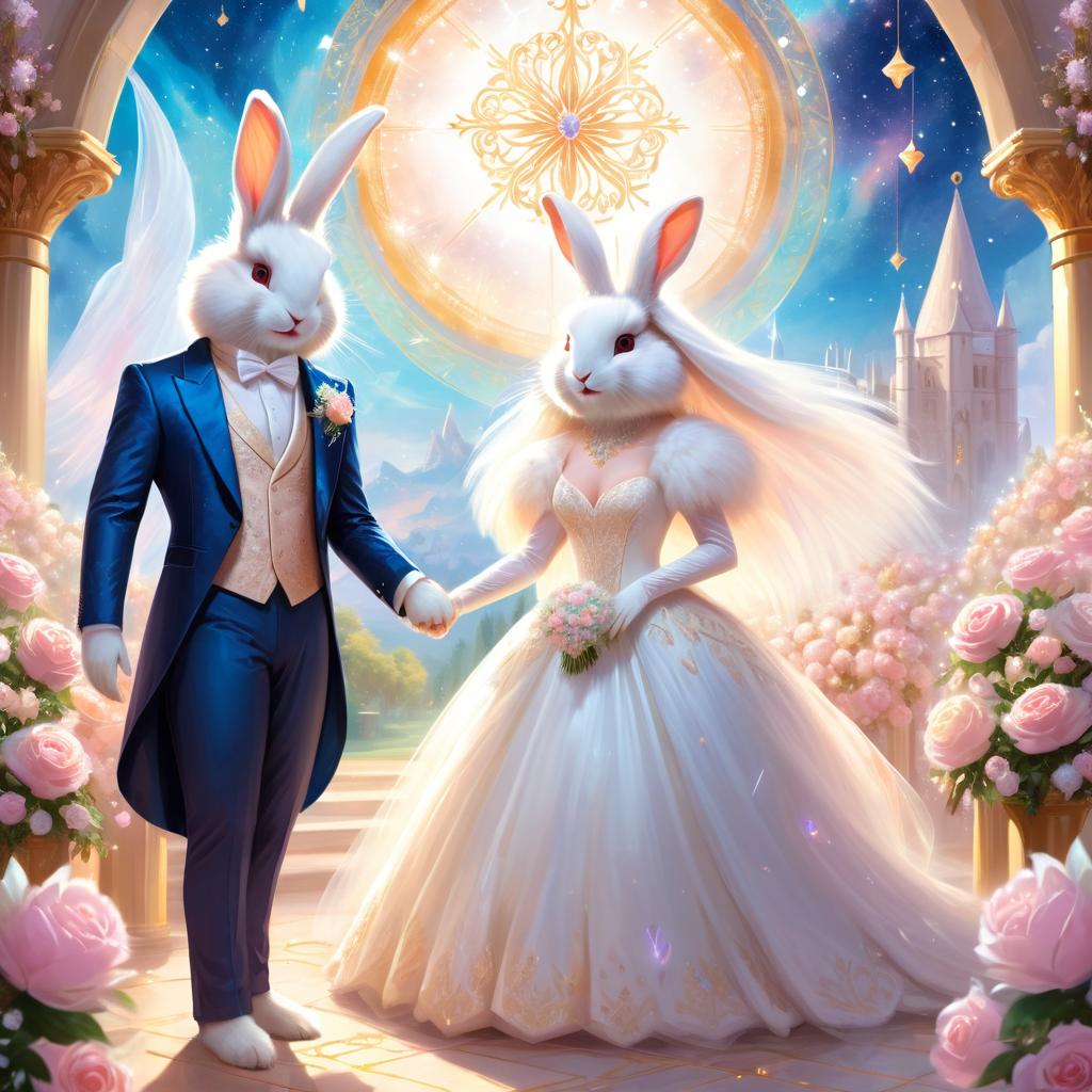 fantasy wedding art of english angora rabbit in a beautiful wedding suit, set in a dreamy, magical environment, looking cute and happy.