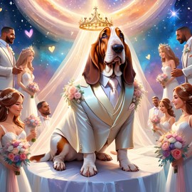 fantasy wedding art of basset hound in a beautiful wedding suit, set in a dreamy, magical environment, looking cute and happy.