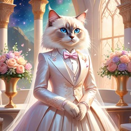 fantasy wedding art of birman cat in a beautiful wedding suit, set in a dreamy, magical environment, looking cute and happy.