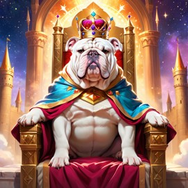 ethereal fantasy art of bulldog as a king in a magical castle, wearing a crown and robe with a majestic, painterly style.