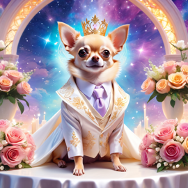 fantasy wedding art of chihuahua in a beautiful wedding suit, set in a dreamy, magical environment, looking cute and happy.