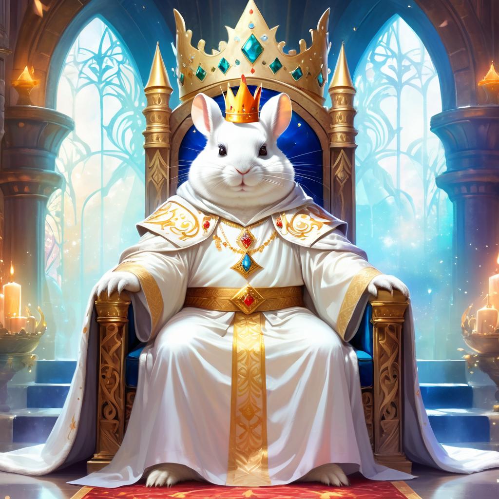 ethereal fantasy art of white chinchilla as a king in a magical castle, wearing a crown and robe with a majestic, painterly style.