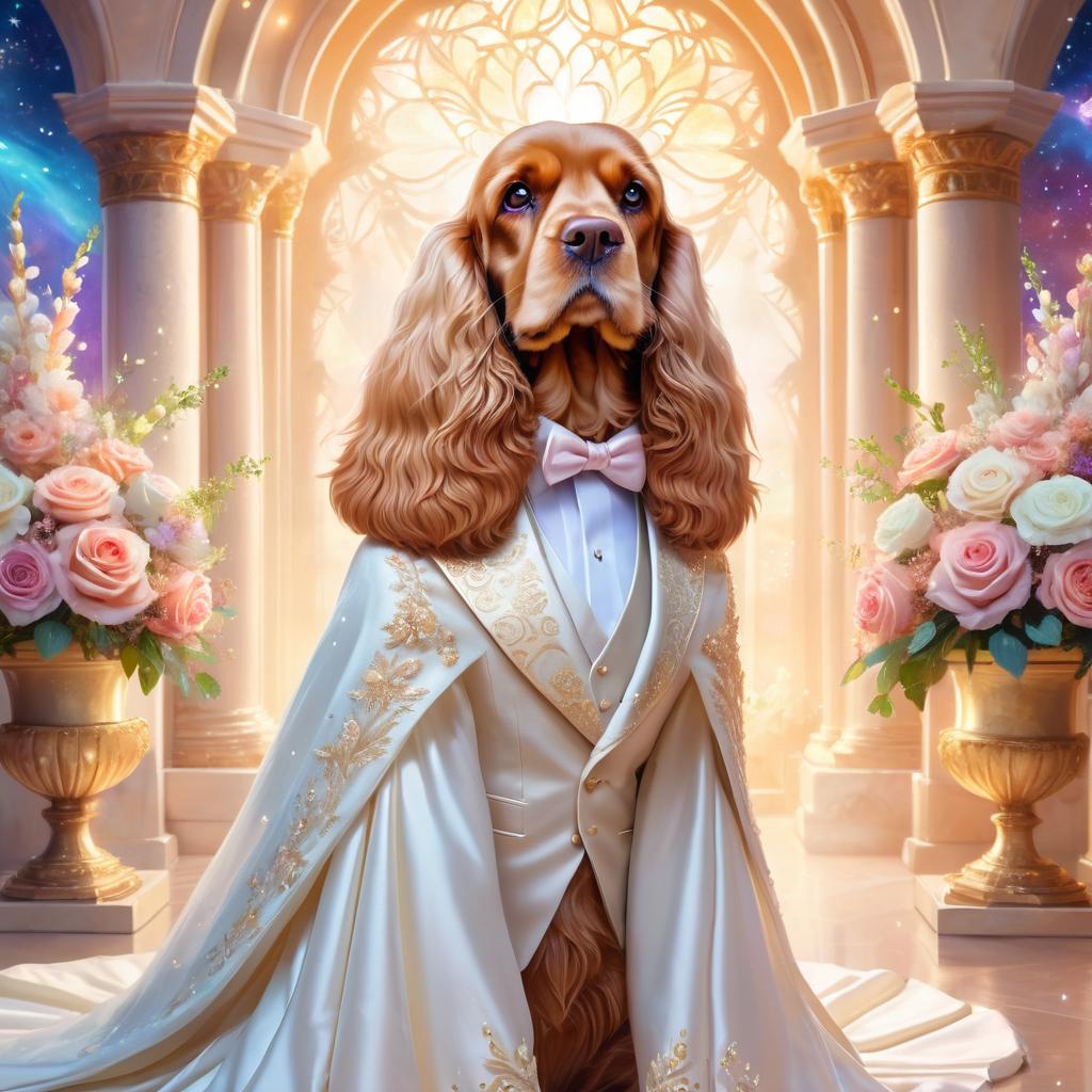 fantasy wedding art of cocker spaniel in a beautiful wedding suit, set in a dreamy, magical environment, looking cute and happy.