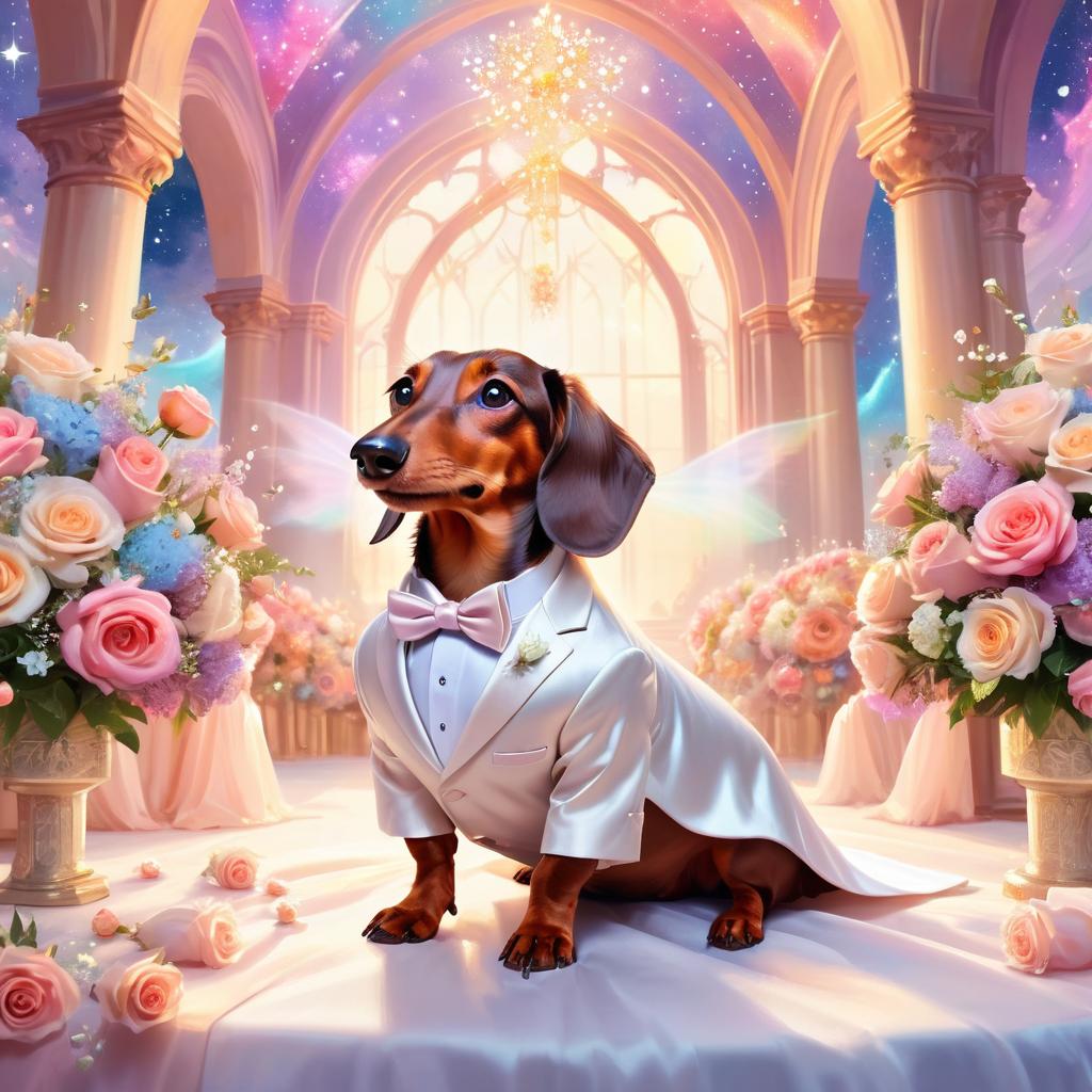 fantasy wedding art of dachshund in a beautiful wedding suit, set in a dreamy, magical environment, looking cute and happy.