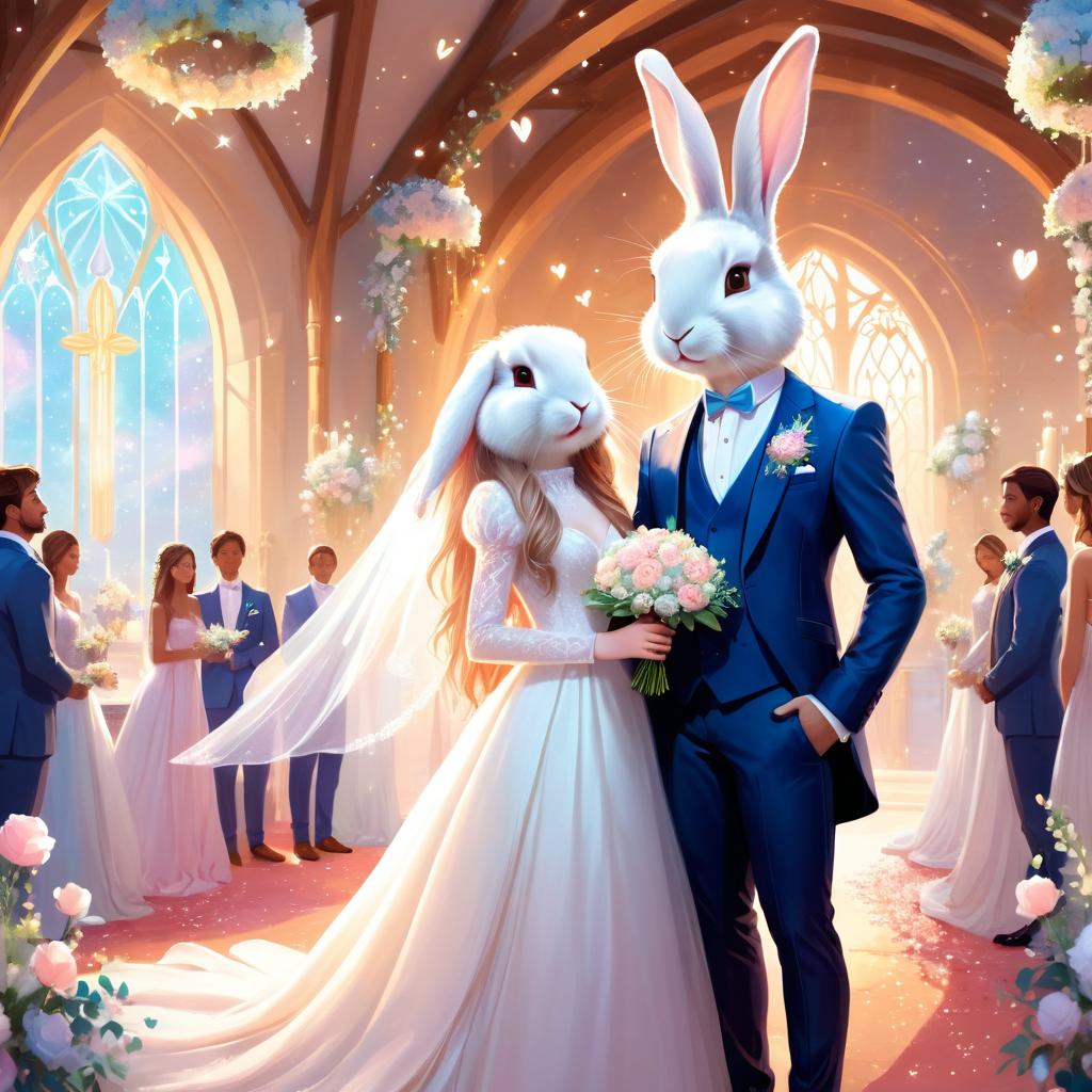 fantasy wedding art of mini lop rabbit in a beautiful wedding suit, set in a dreamy, magical environment, looking cute and happy.