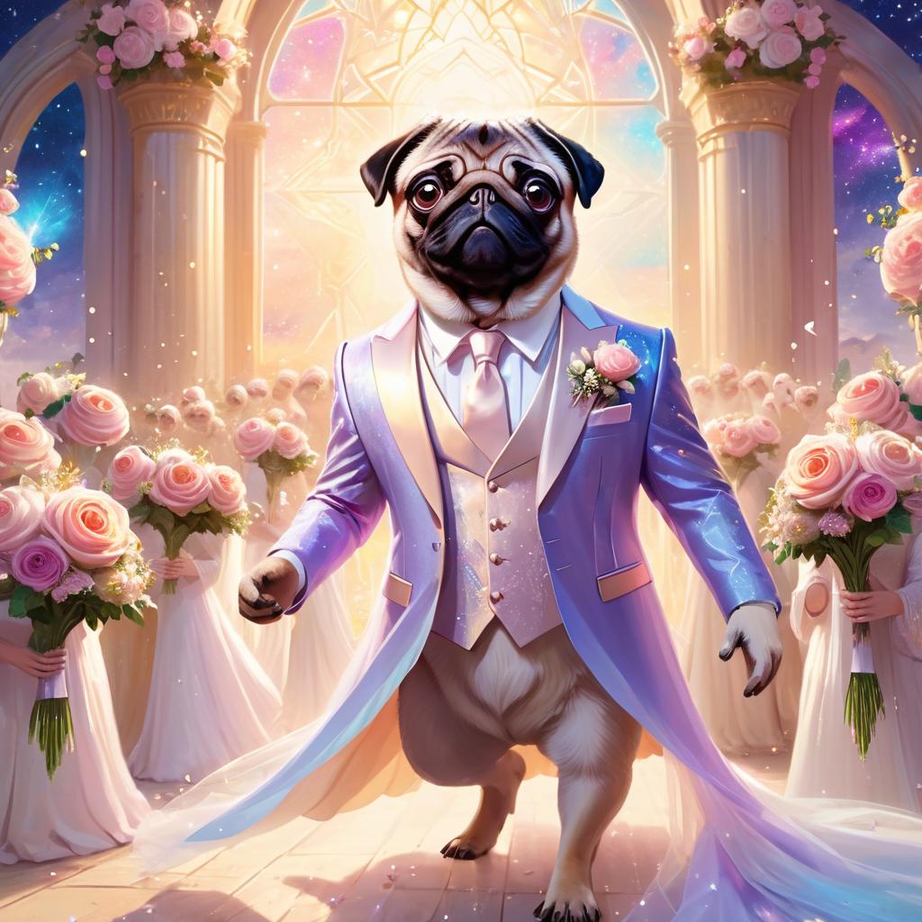 fantasy wedding art of pug in a beautiful wedding suit, set in a dreamy, magical environment, looking cute and happy.