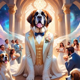 fantasy wedding art of saint bernard in a beautiful wedding suit, set in a dreamy, magical environment, looking cute and happy.