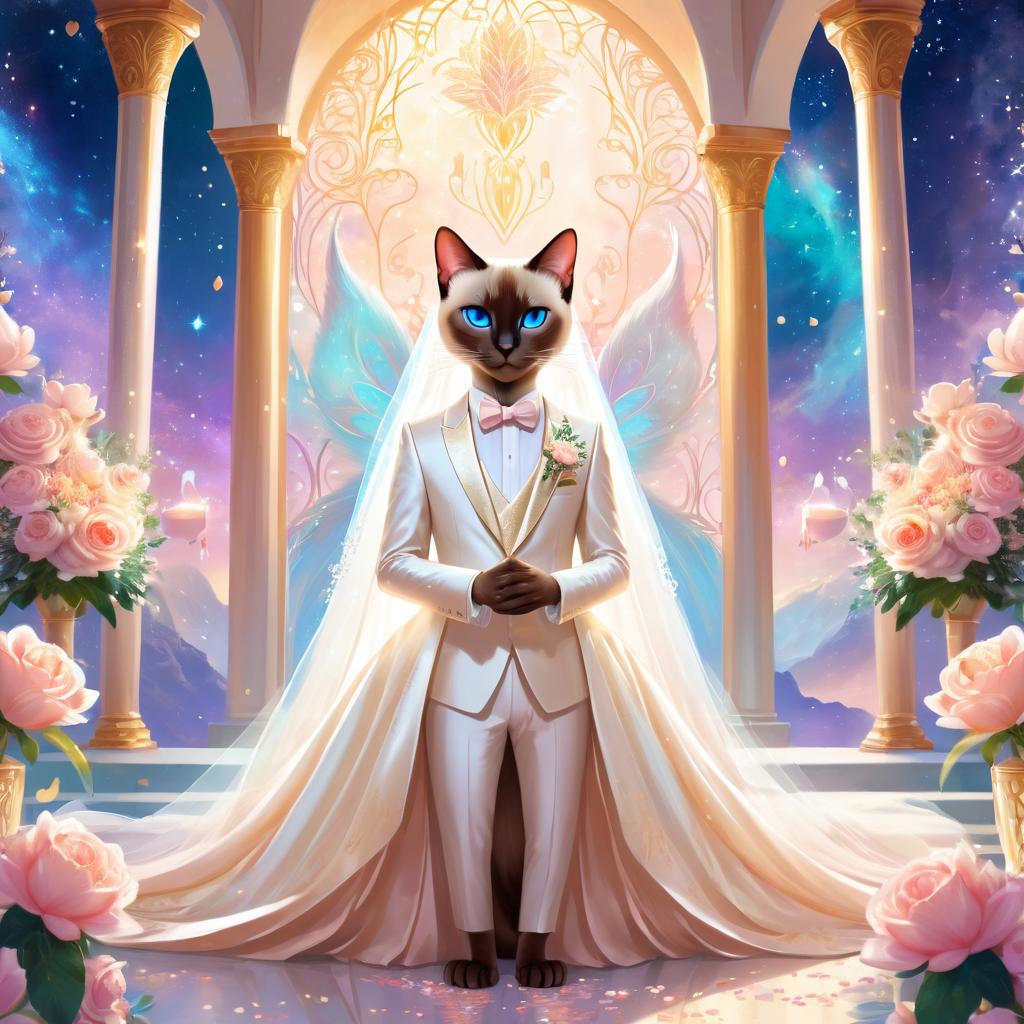 fantasy wedding art of siamese cat in a beautiful wedding suit, set in a dreamy, magical environment, looking cute and happy.