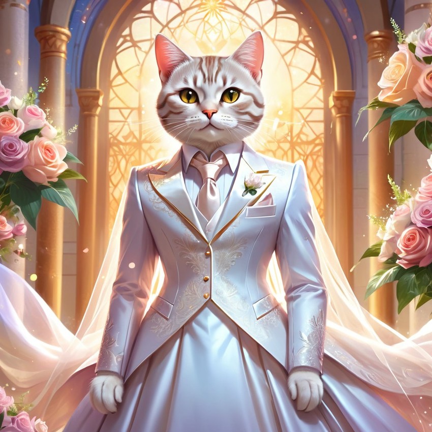 fantasy wedding art of american shorthair cat in a beautiful wedding suit, set in a dreamy, magical environment, looking cute and happy.