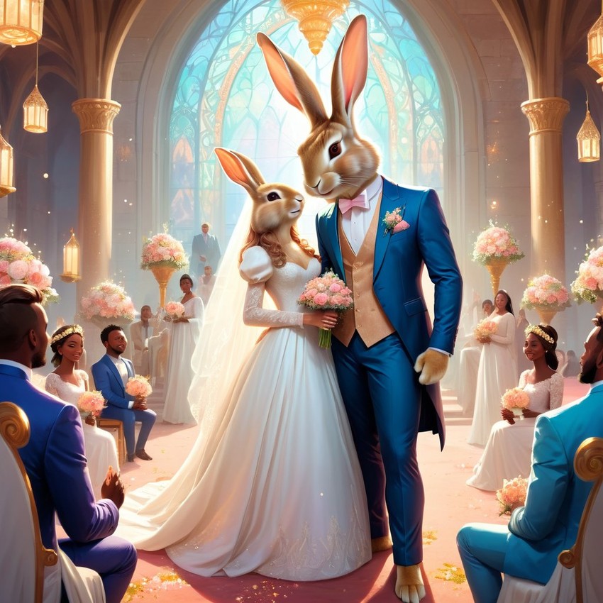 fantasy wedding art of flemish giant rabbit in a beautiful wedding suit, set in a dreamy, magical environment, looking cute and happy.