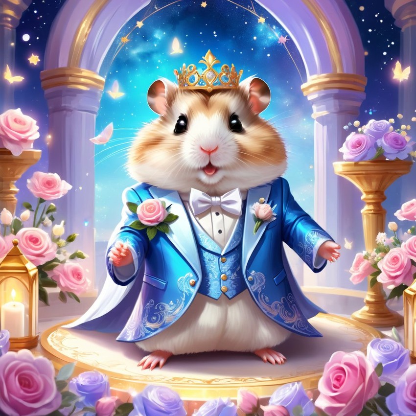 fantasy wedding art of roborovski dwarf hamster in a beautiful wedding suit, set in a dreamy, magical environment, looking cute and happy.