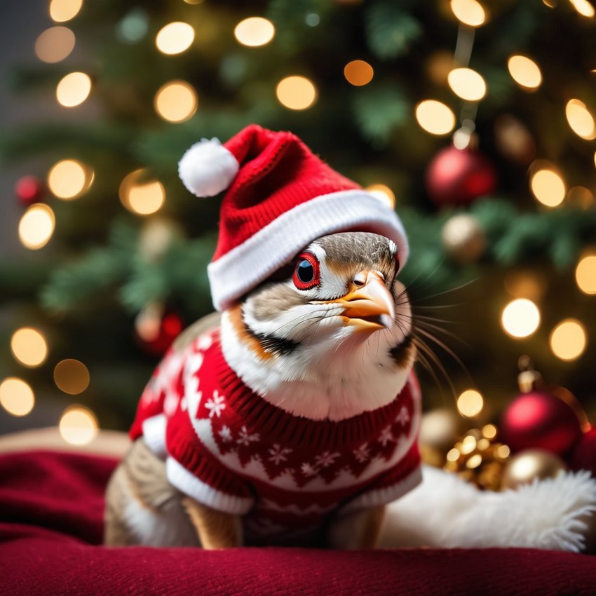 finch bird in a christmas sweater and santa hat, festive and detailed.