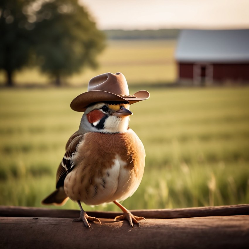 finch bird as a cowboy wearing a hat, in the midwest countryside, on a farm.